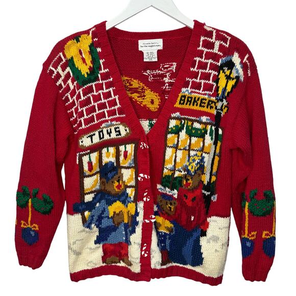 Vintage Alexandra Bartlett Christmas Bear Cardigan Sweater Red Size S Winter - Picture 1 of 6